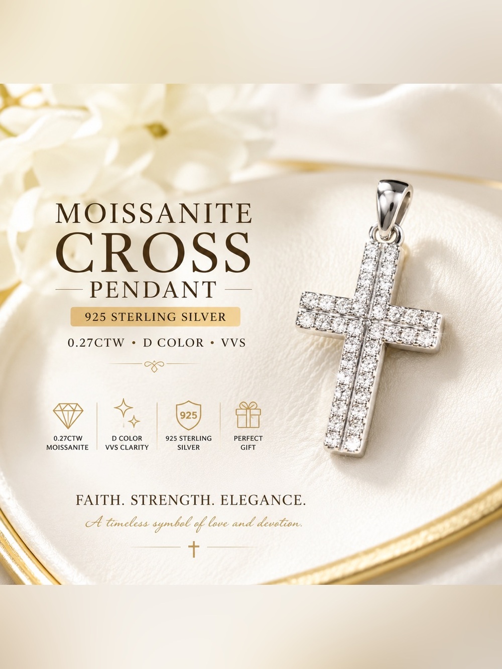 Moissanite Cross Pendant 925 Sterling Silver 0.27 ctw VVS White Stone